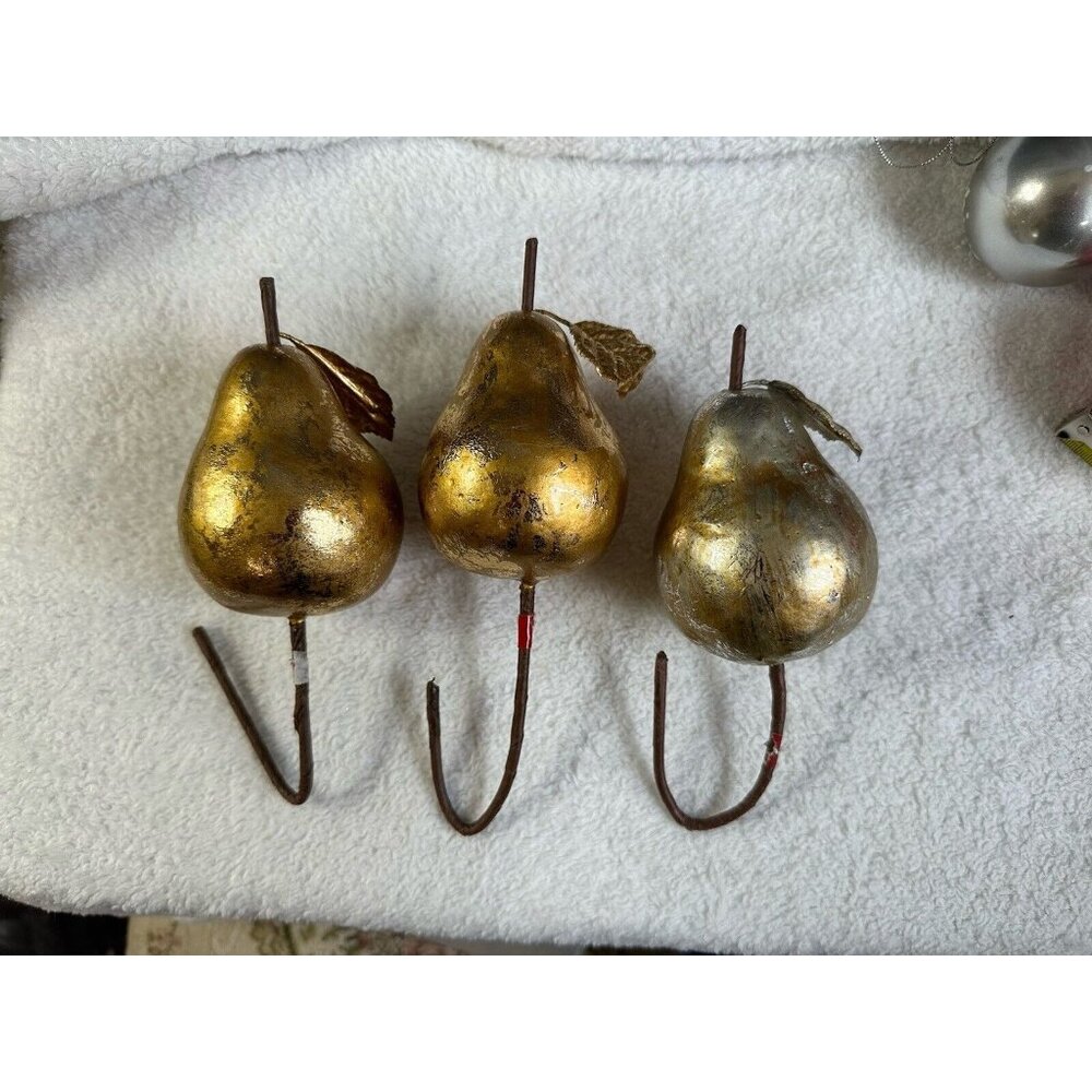 Lot of 3 Golden Pears On Brown Stems- READ- Vintage Christmas Decor